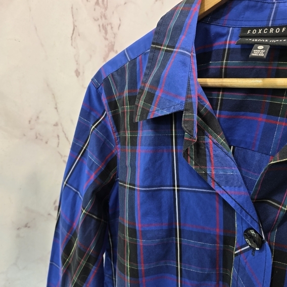 Foxcroft Shirt Women 18W Blue Black Gold Scotch Button Wrinkle Free Shaped Cuff - Picture 2 of 13